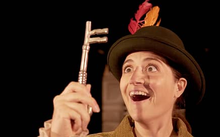 Wilhelmina Tell with the key to her father's dungeon cell - from a performance of Will Tell and the Big Bad Baron at Komedia, Brighton - July 2022 (Aimed at children and their families)"